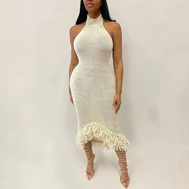 Solid color off-shoulder fur patchwork bodycon suspender dress