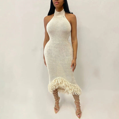 Solid color off-shoulder fur patchwork bodycon suspender dress