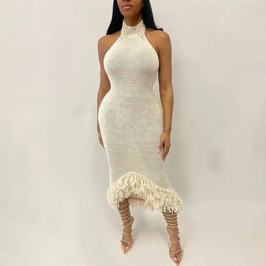 Solid color off-shoulder fur patchwork bodycon suspender dress