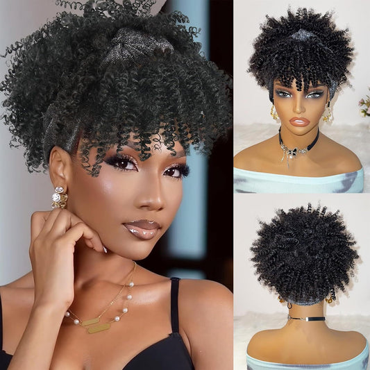 Integrated bangs headband wig, synthetic fiber wig head cover