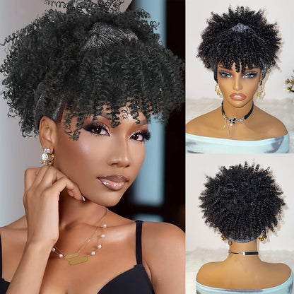 Integrated bangs headband wig, synthetic fiber wig head cover
