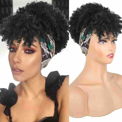 Integrated bangs headband wig, synthetic fiber wig head cover
