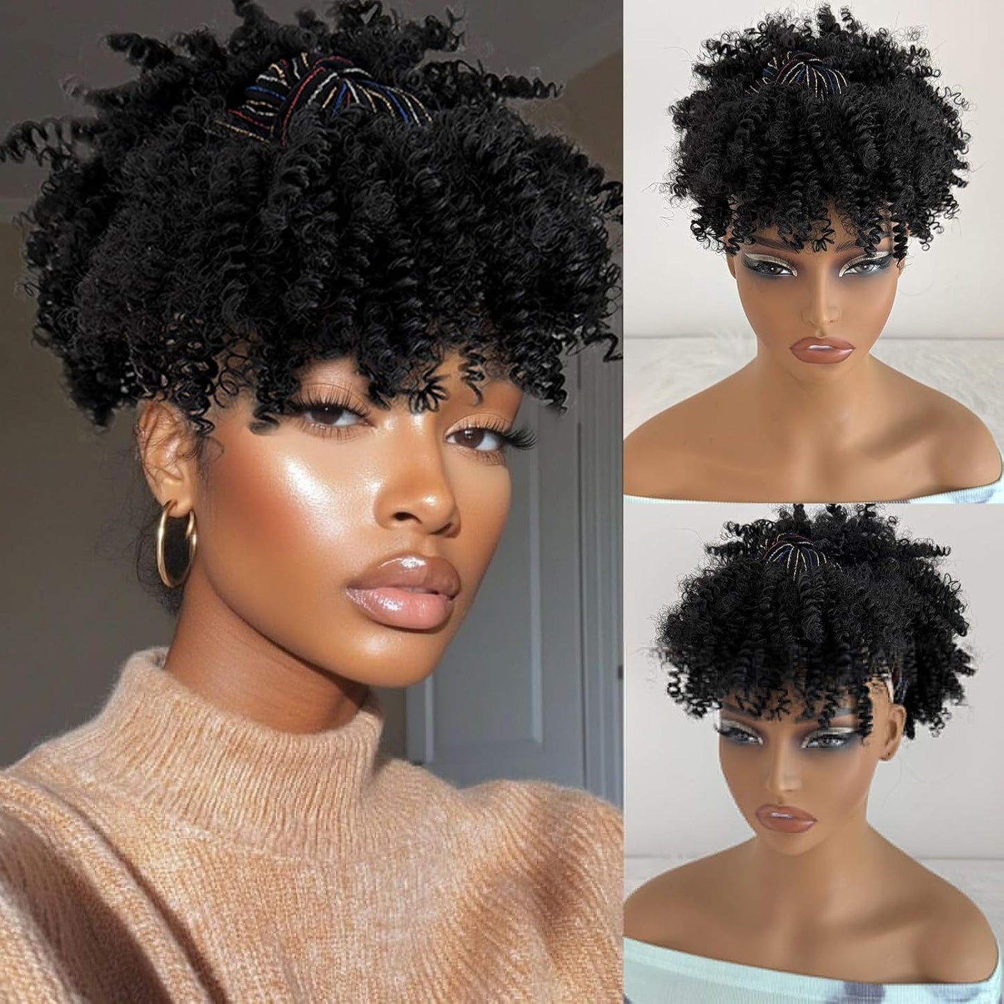 Integrated bangs headband wig, synthetic fiber wig head cover