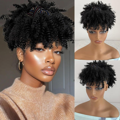 Integrated bangs headband wig, synthetic fiber wig head cover
