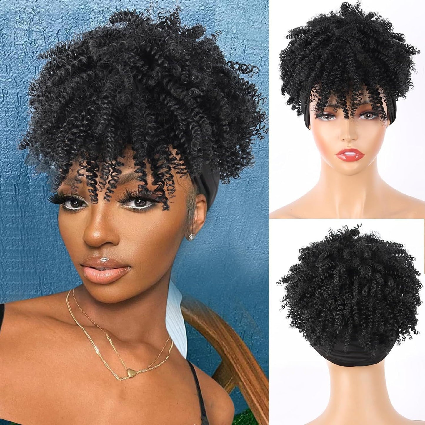 Integrated bangs headband wig, synthetic fiber wig head cover