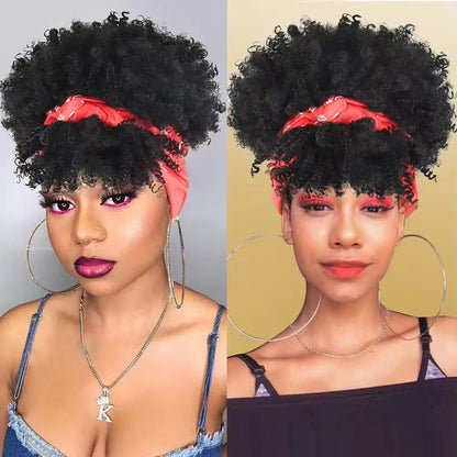 Integrated bangs headband wig, synthetic fiber wig head cover