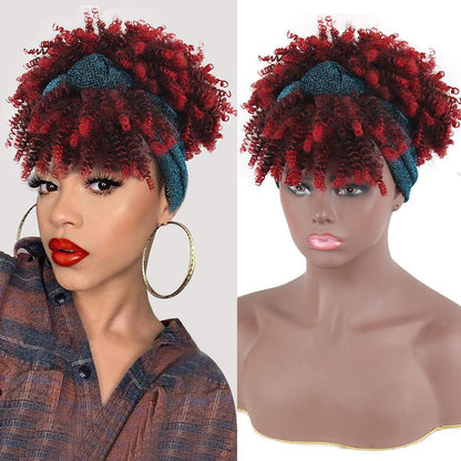 Integrated bangs headband wig, synthetic fiber wig head cover