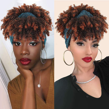 Integrated bangs headband wig, synthetic fiber wig head cover
