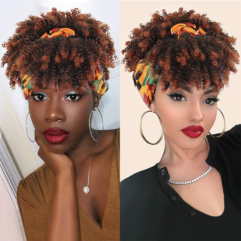 Integrated bangs headband wig, synthetic fiber wig head cover
