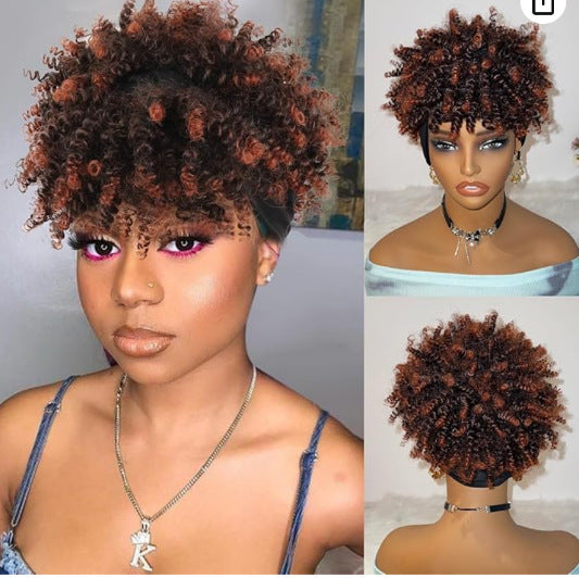 Integrated bangs headband wig, synthetic fiber wig head cover