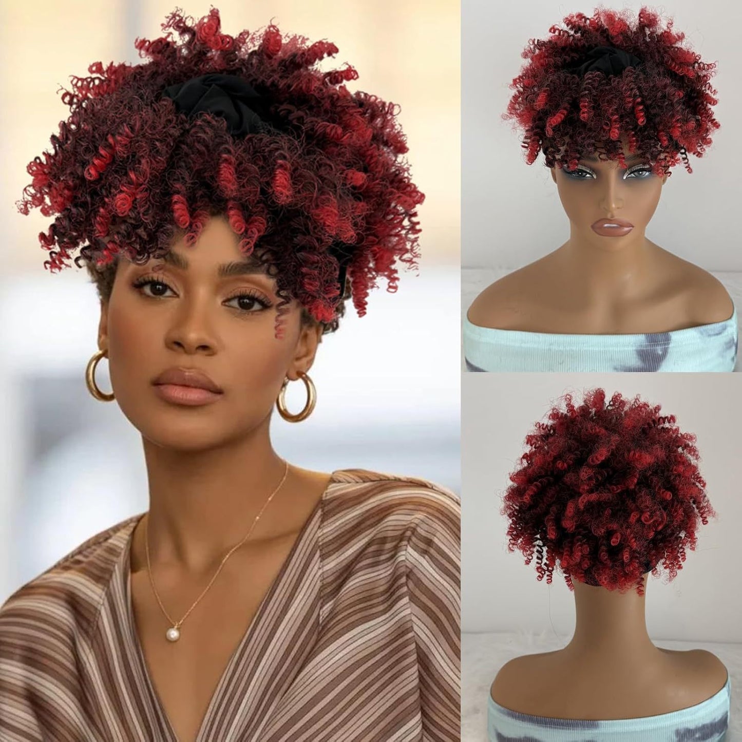 Integrated bangs headband wig, synthetic fiber wig head cover