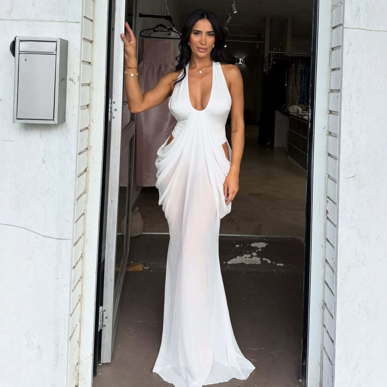 Halter neck deep V backless dress with drape