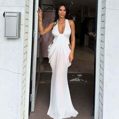 Halter neck deep V backless dress with drape