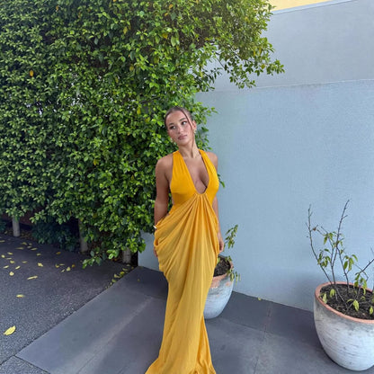 Halter neck deep V backless dress with drape