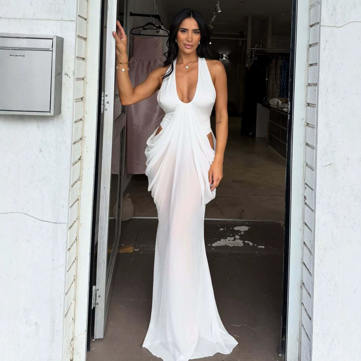 Halter neck deep V backless dress with drape