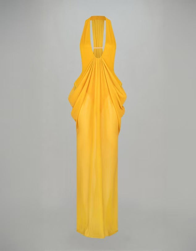 Halter neck deep V backless dress with drape