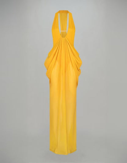 Halter neck deep V backless dress with drape