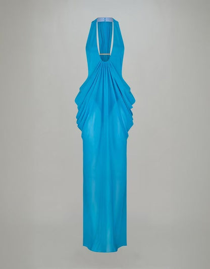 Halter neck deep V backless dress with drape