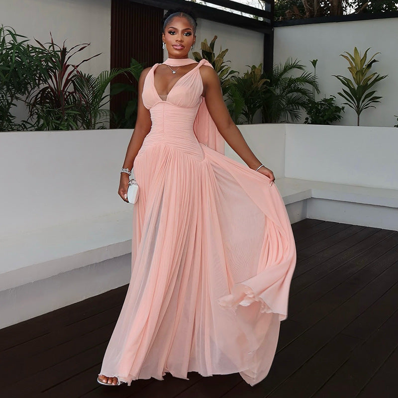 V-neck high-waisted slimming mesh maxi dress