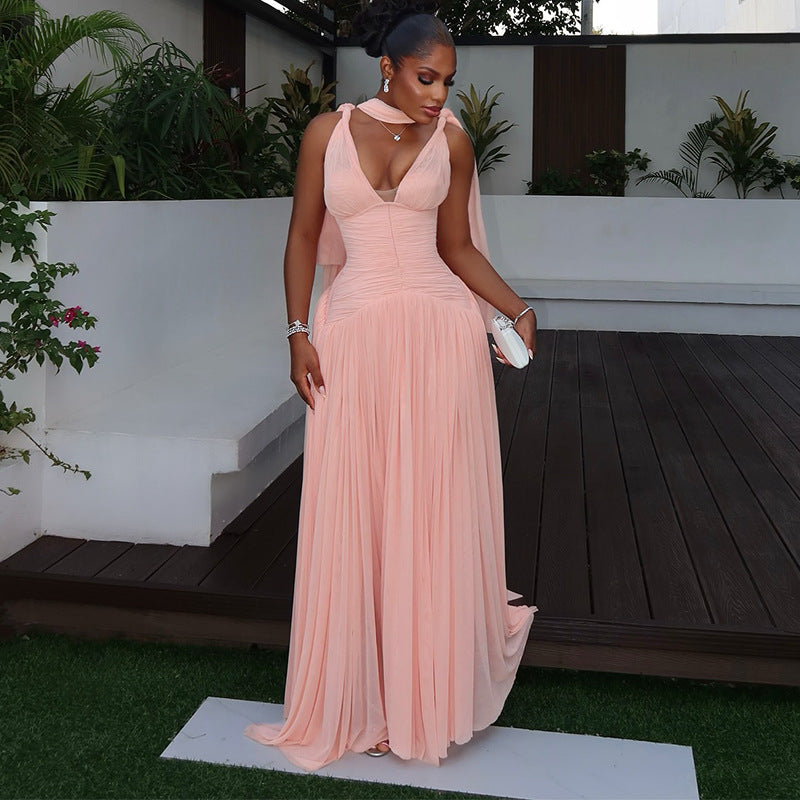 V-neck high-waisted slimming mesh maxi dress