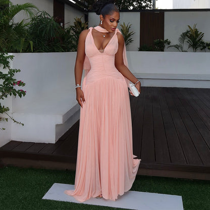 V-neck high-waisted slimming mesh maxi dress