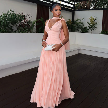 V-neck high-waisted slimming mesh maxi dress