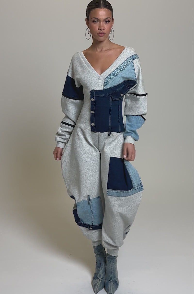 COMFY COZY JUMPSUIT IN DENIM PATCHWORK