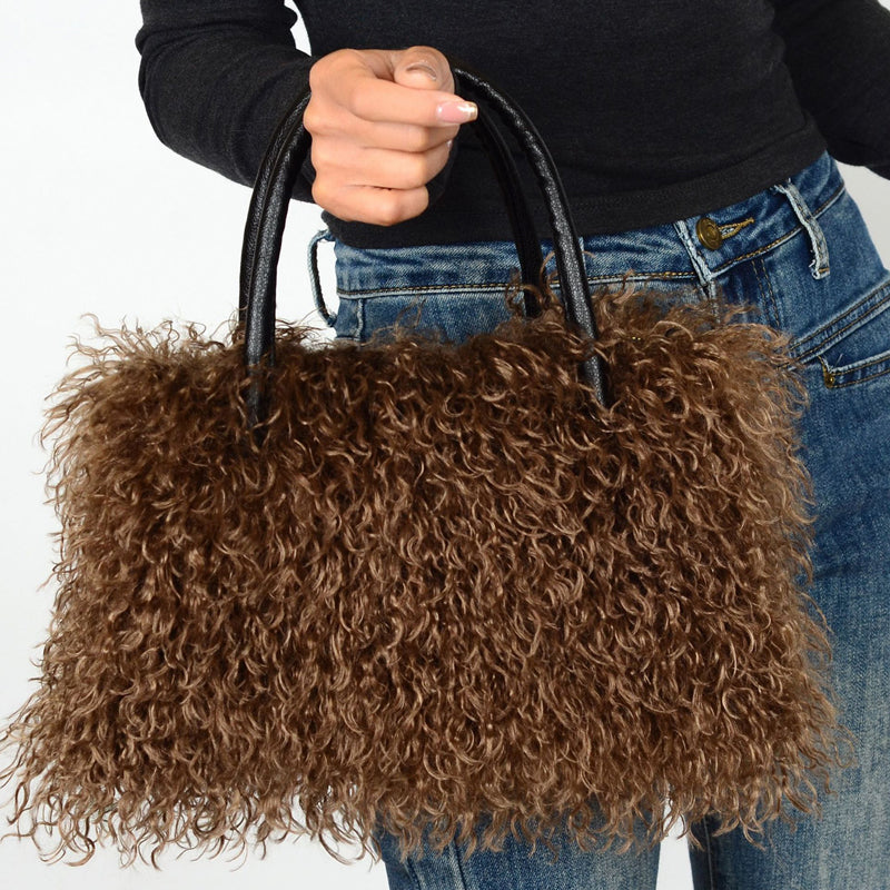 Imitation Wool Tote Bag With Genuine Leather Handles Handbag