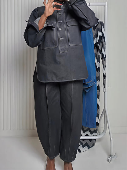 Denim Stand Collar Pockets Two Pieces Set