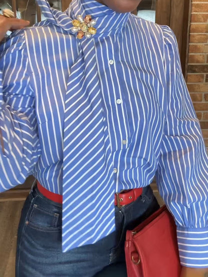 Tie Neck Puff Sleeves Striped Print Blouse