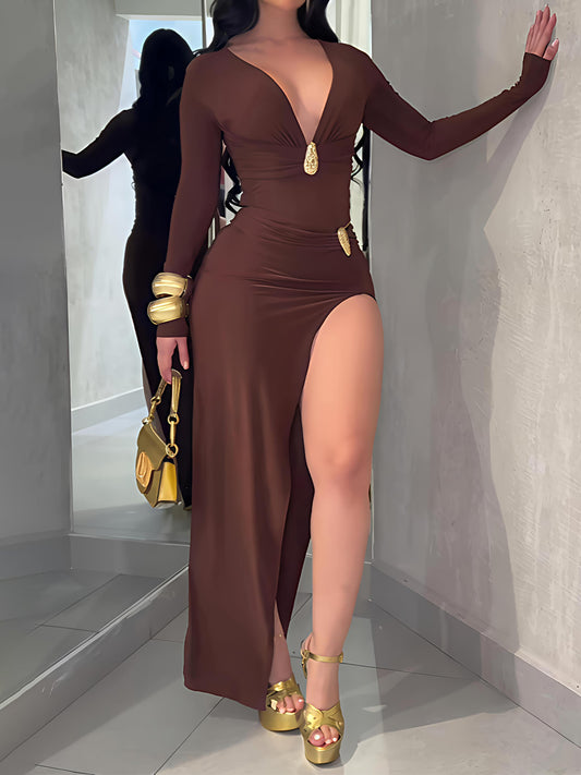 Metal Embellished Deep V Neck Two Pieces Dress
