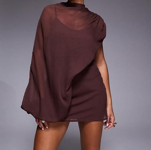 High-neck flowy asymmetric mini dress