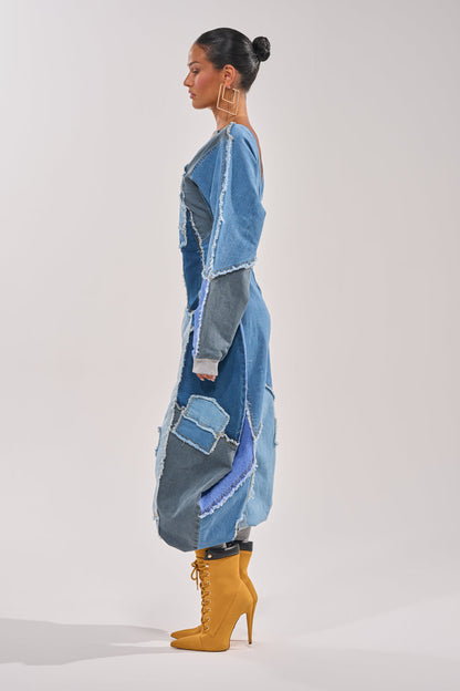 COMFY COZY JUMPSUIT IN DENIM PATCHWORK