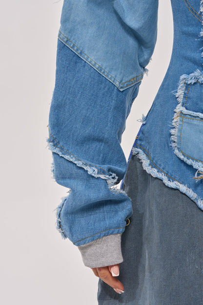 COMFY COZY JUMPSUIT IN DENIM PATCHWORK