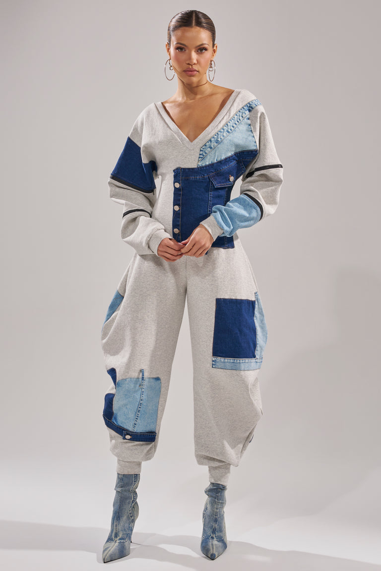 COMFY COZY JUMPSUIT IN DENIM PATCHWORK
