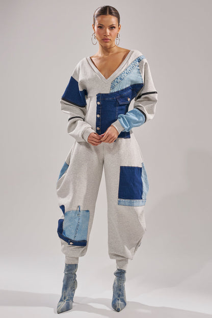 COMFY COZY JUMPSUIT IN DENIM PATCHWORK