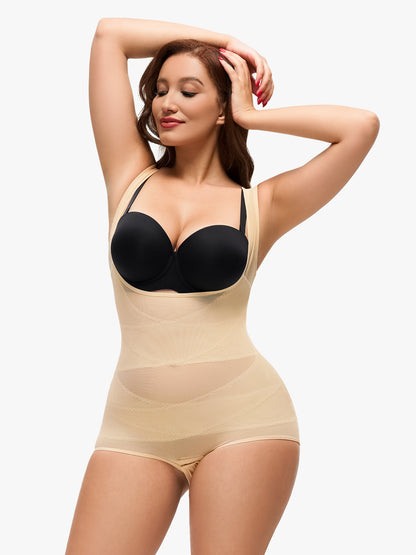 Mesh Open Bust Tummy Control Brief Bodysuit