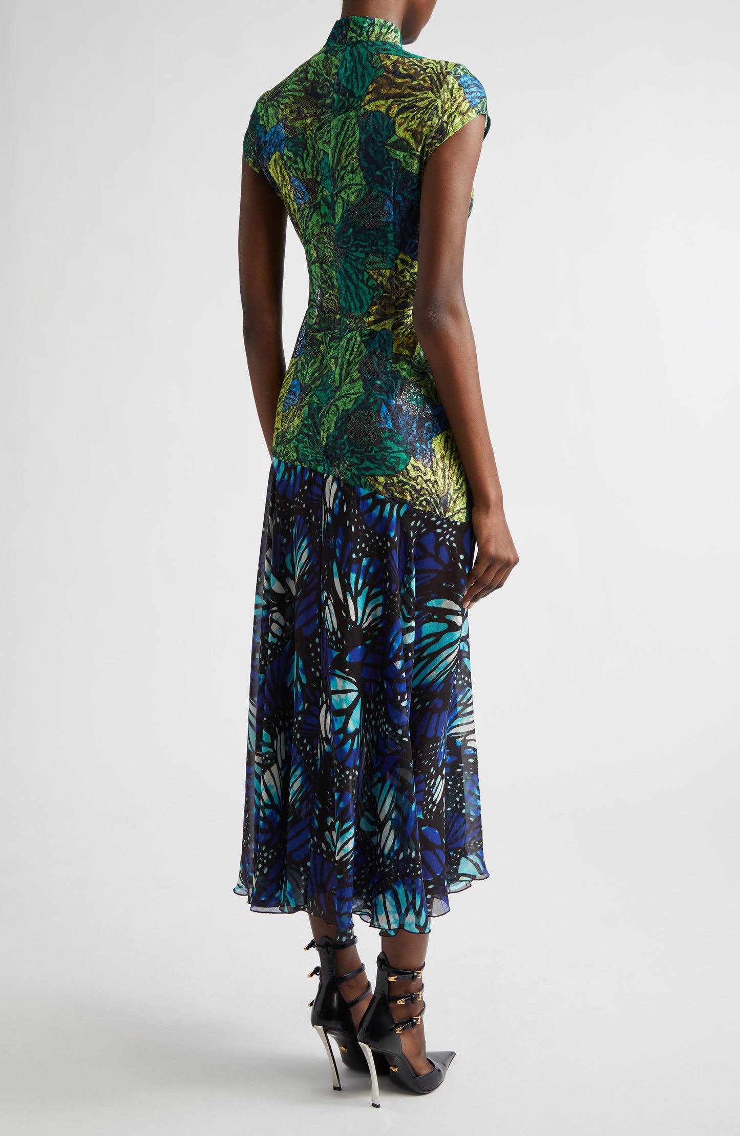 Butterfly Print Lace & Silk Chiffon Plunge Neck Dress