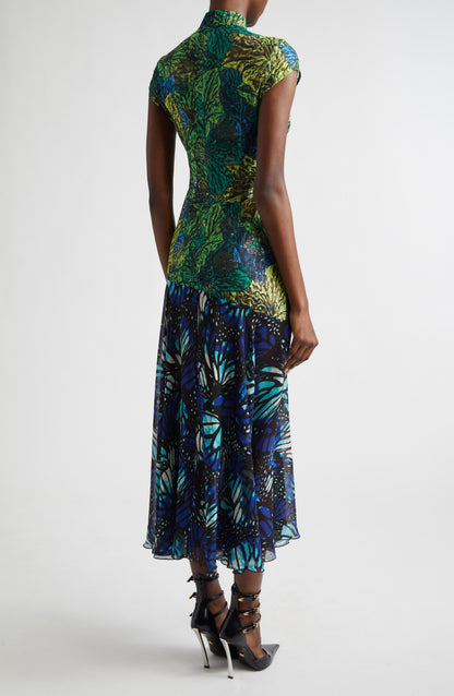 Butterfly Print Lace & Silk Chiffon Plunge Neck Dress