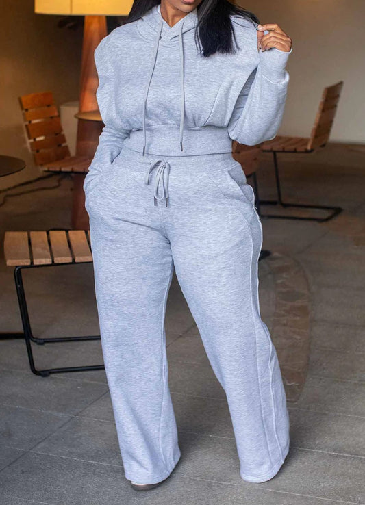 Hooded sweatshirt wide leg pants two piece set