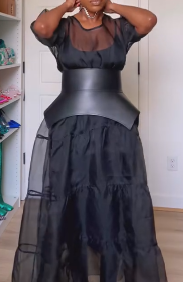 Puff sleeve mesh see-through long skirt