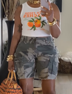 Orange vest + camouflage cargo shorts set