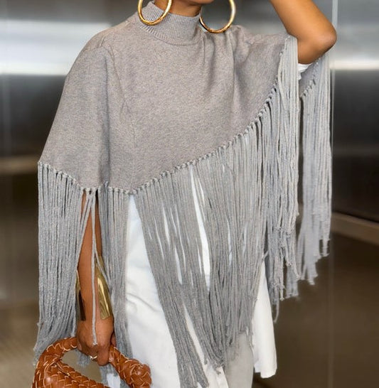 Gray fringed shawl coat