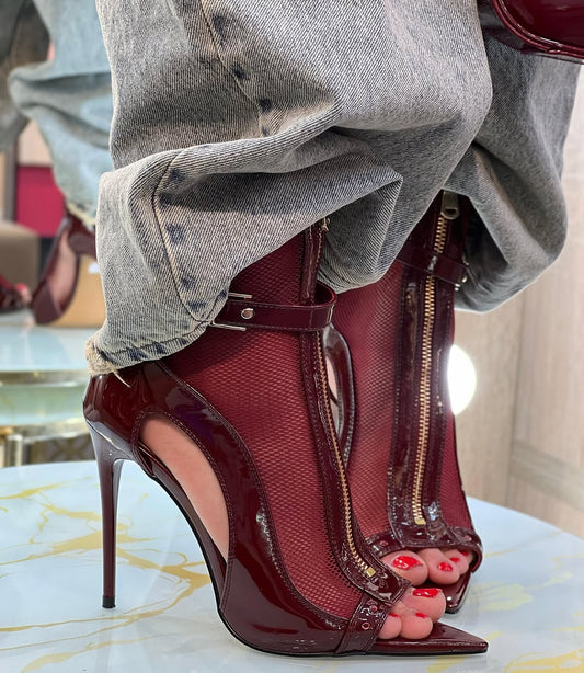 Patent leather fish mouth mesh stiletto heels