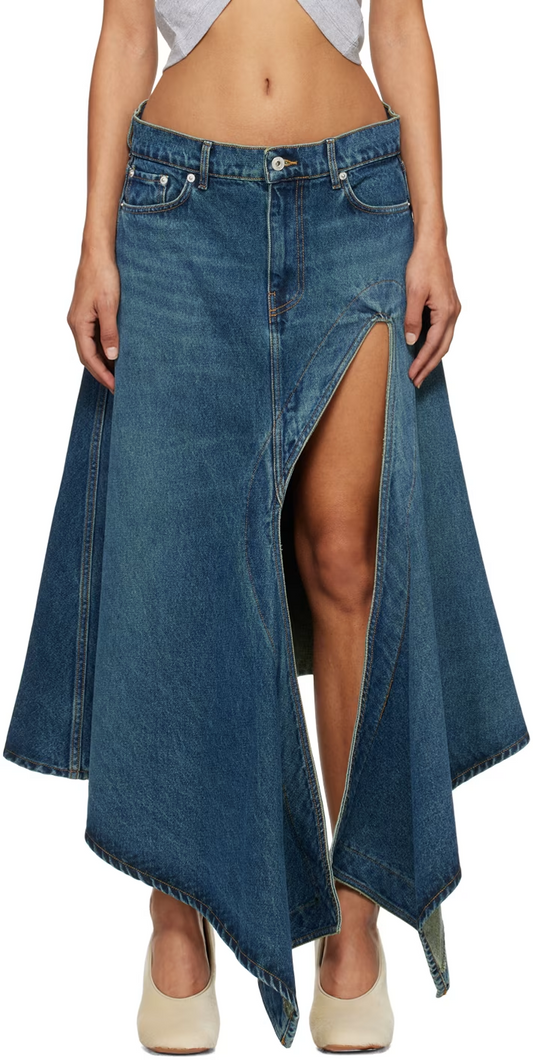 Blue cutout irregular denim midi skirt