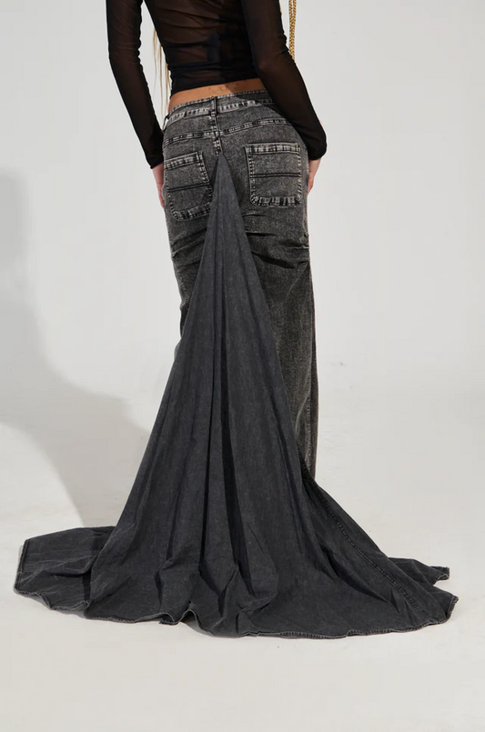 DENIM MAXI SKIRT WITH TRAIN IN GREY