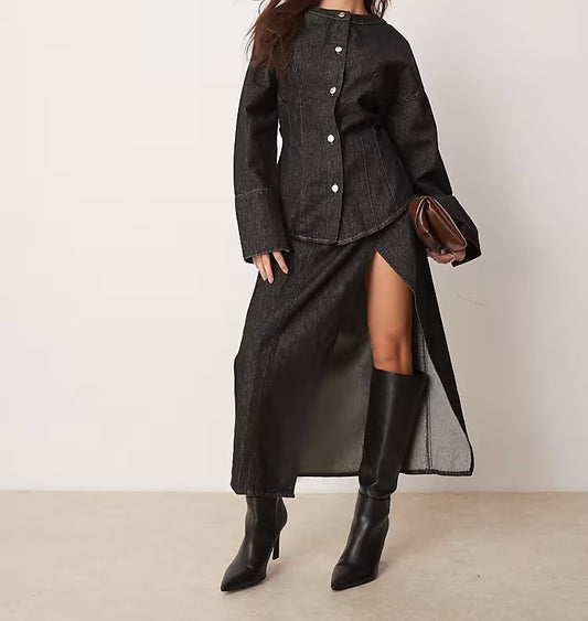 Round neck denim top + one piece denim midi skirt suit
