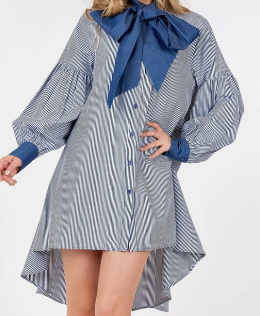 Irregular-hem striped shirt dress with bow tie