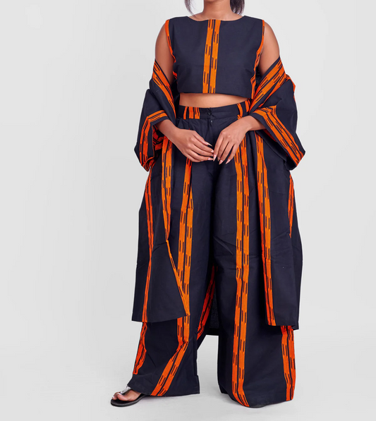 Kimono+cropped top+wide leg pants three-piece set