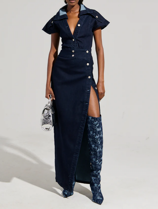 Chelsea side button denim maxi dress